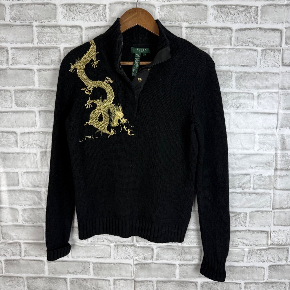 Lauren Ralph Lauren Sweater PETITE MEDIUM Black Knit Chinese Dragon Embroidered